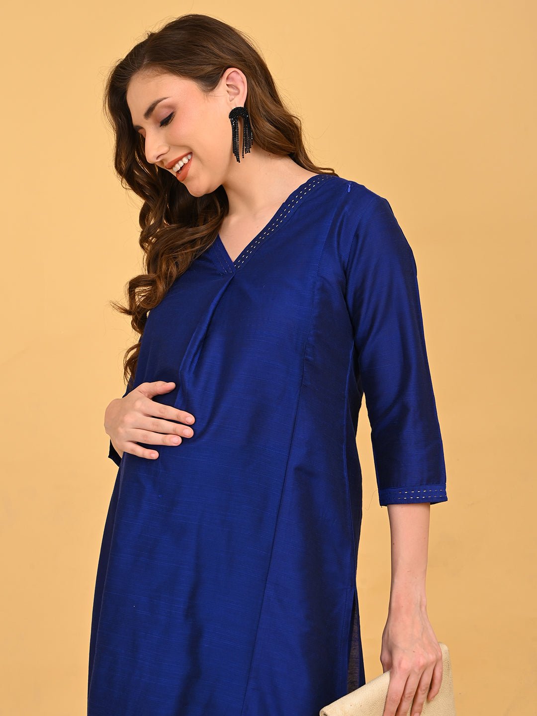  Royal Blue Embroidered Maternity and Nursing Silk Kurta Blue