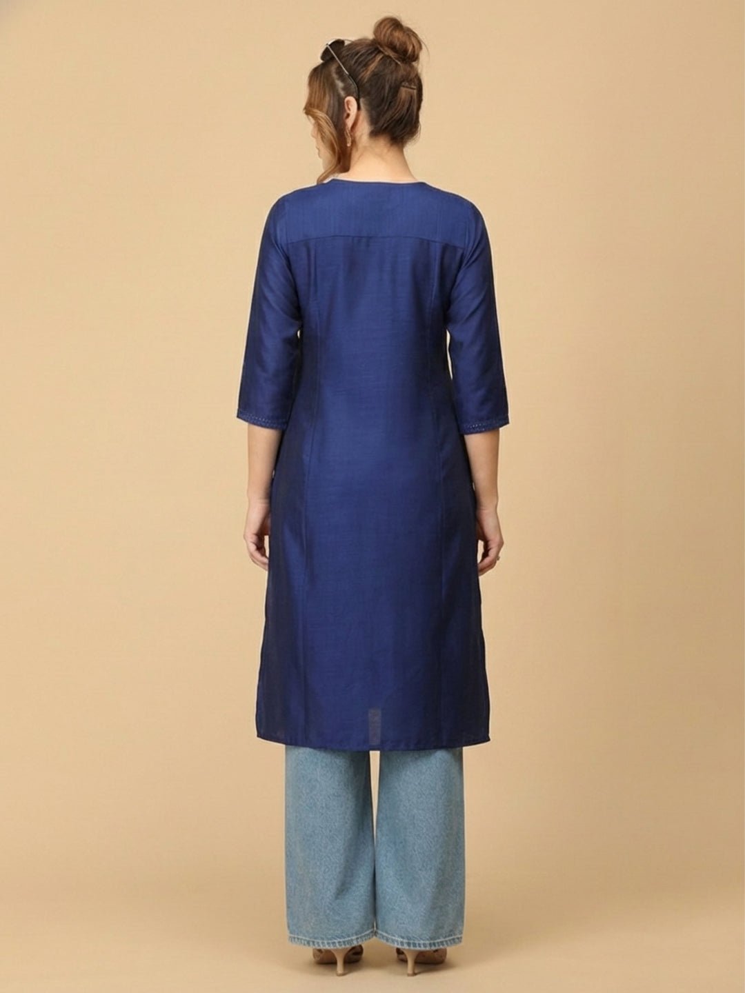  Royal Blue Embroidered Maternity and Nursing Silk Kurta Blue