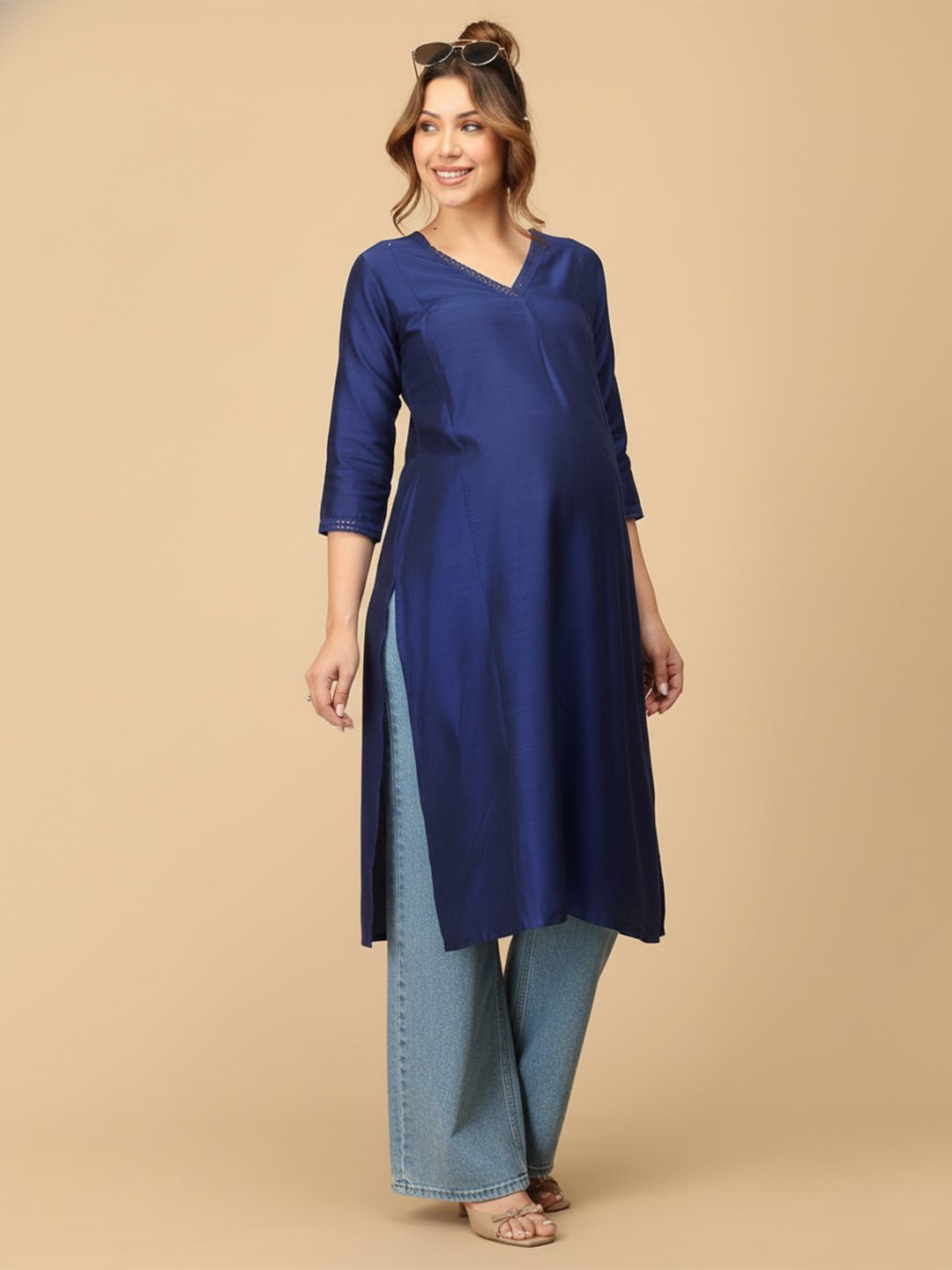  Royal Blue Embroidered Maternity and Nursing Silk Kurta Blue