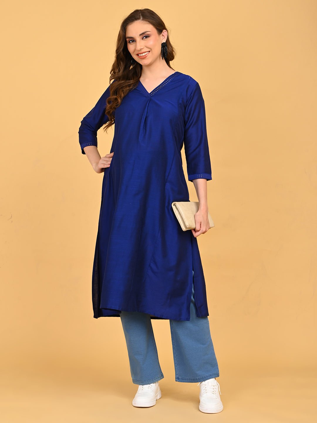  Royal Blue Embroidered Maternity and Nursing Silk Kurta Blue