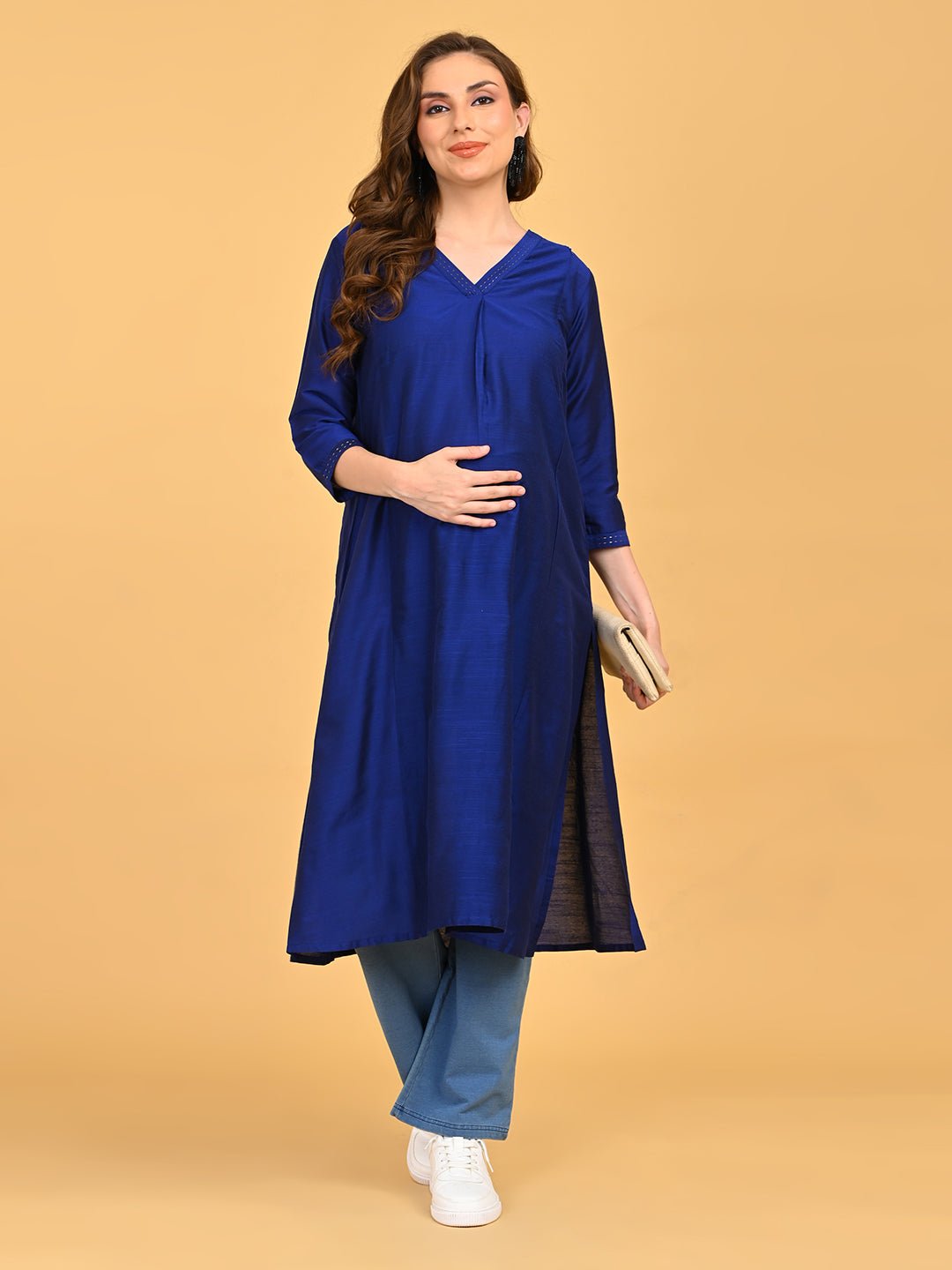  Royal Blue Embroidered Maternity and Nursing Silk Kurta Blue