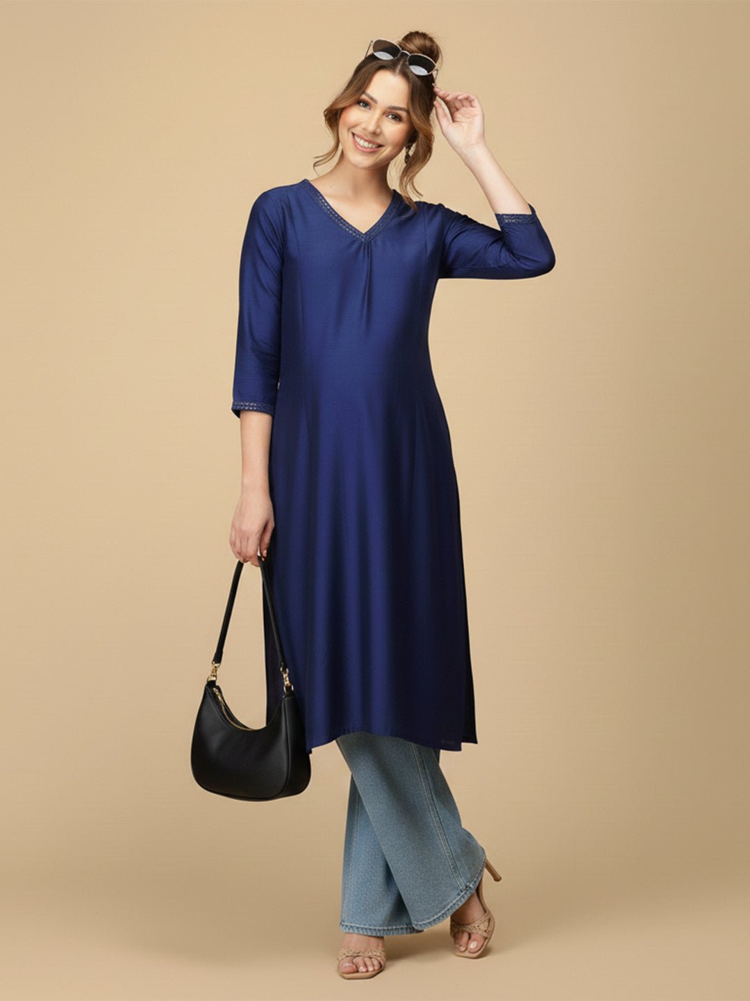  Royal Blue Embroidered Maternity and Nursing Silk Kurta Blue