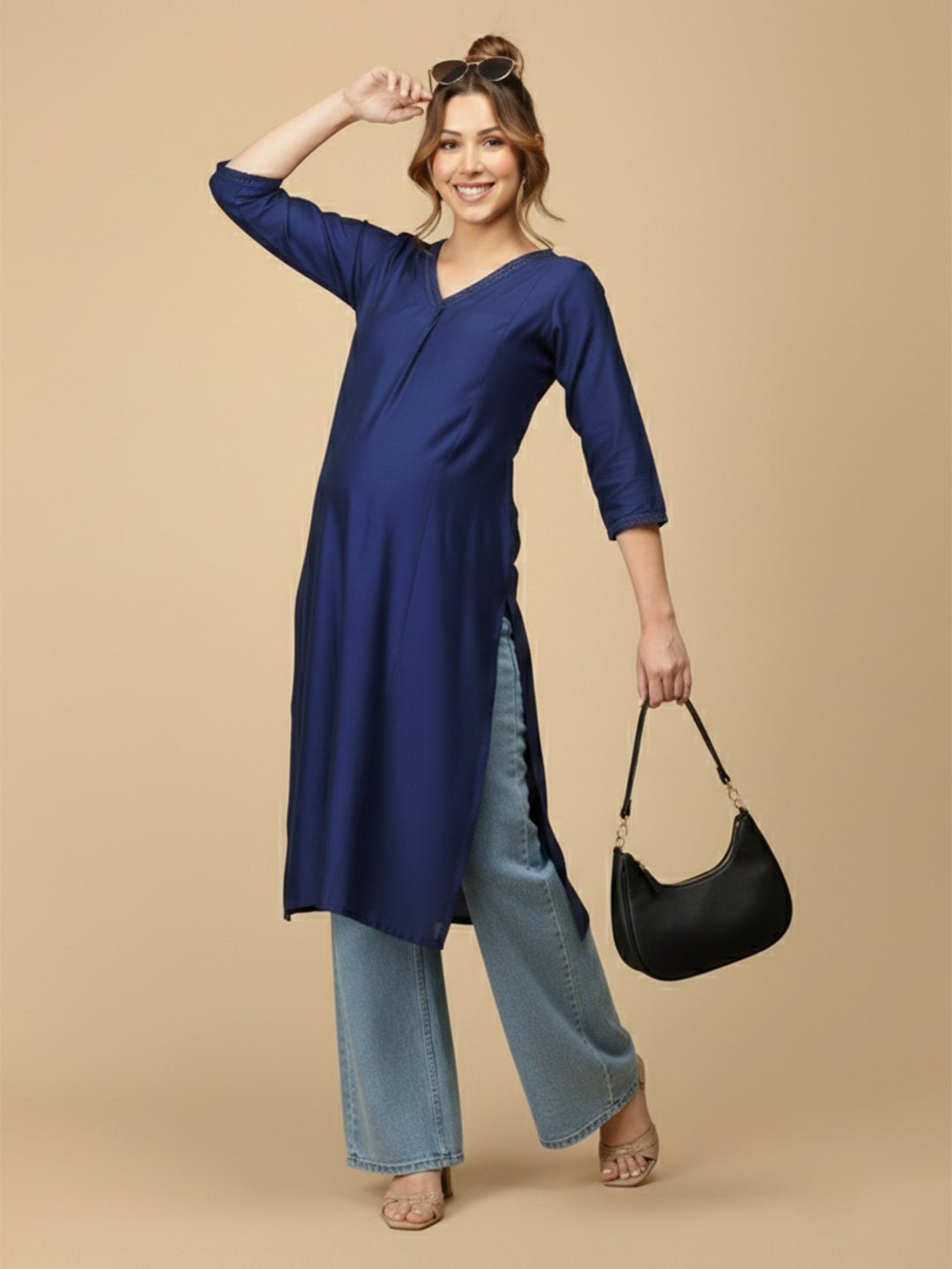  Royal Blue Embroidered Maternity and Nursing Silk Kurta Blue
