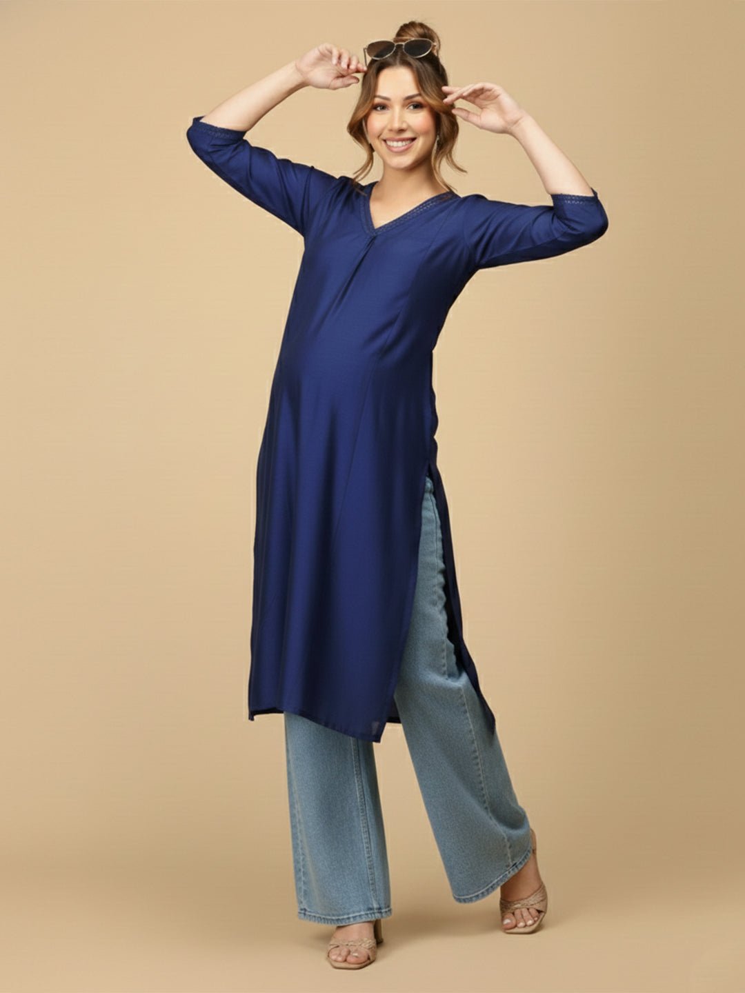  Royal Blue Embroidered Maternity and Nursing Silk Kurta Blue
