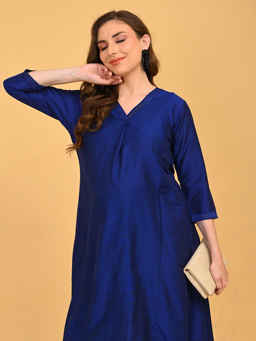  Royal Blue Embroidered Maternity and Nursing Silk Kurta Blue