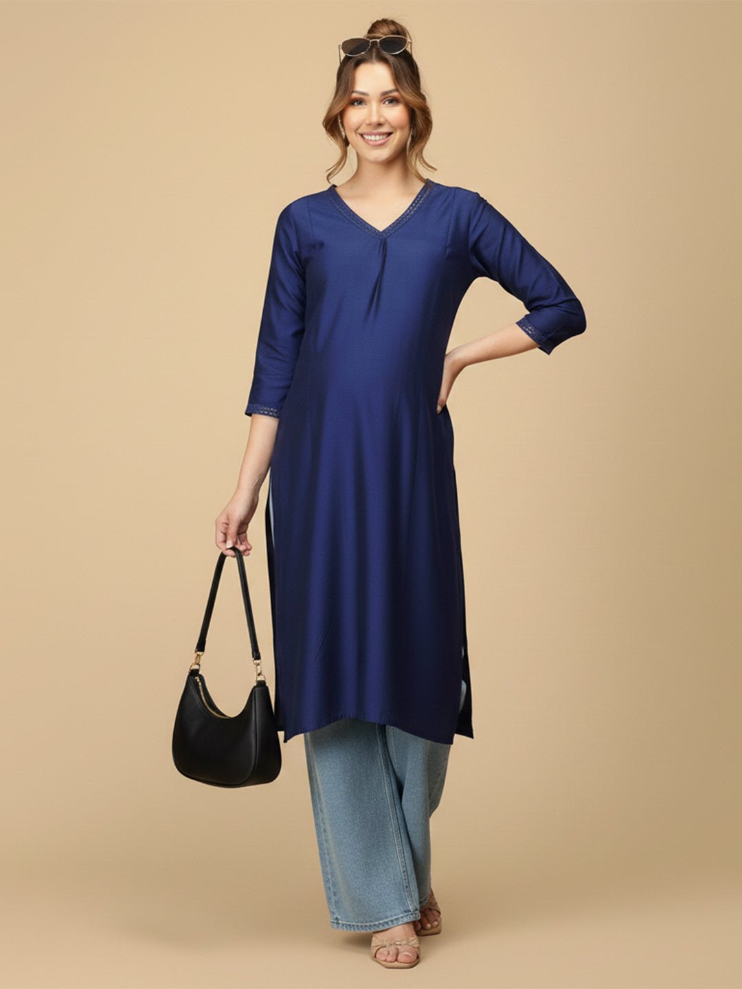  Royal Blue Embroidered Maternity and Nursing Silk Kurta Blue