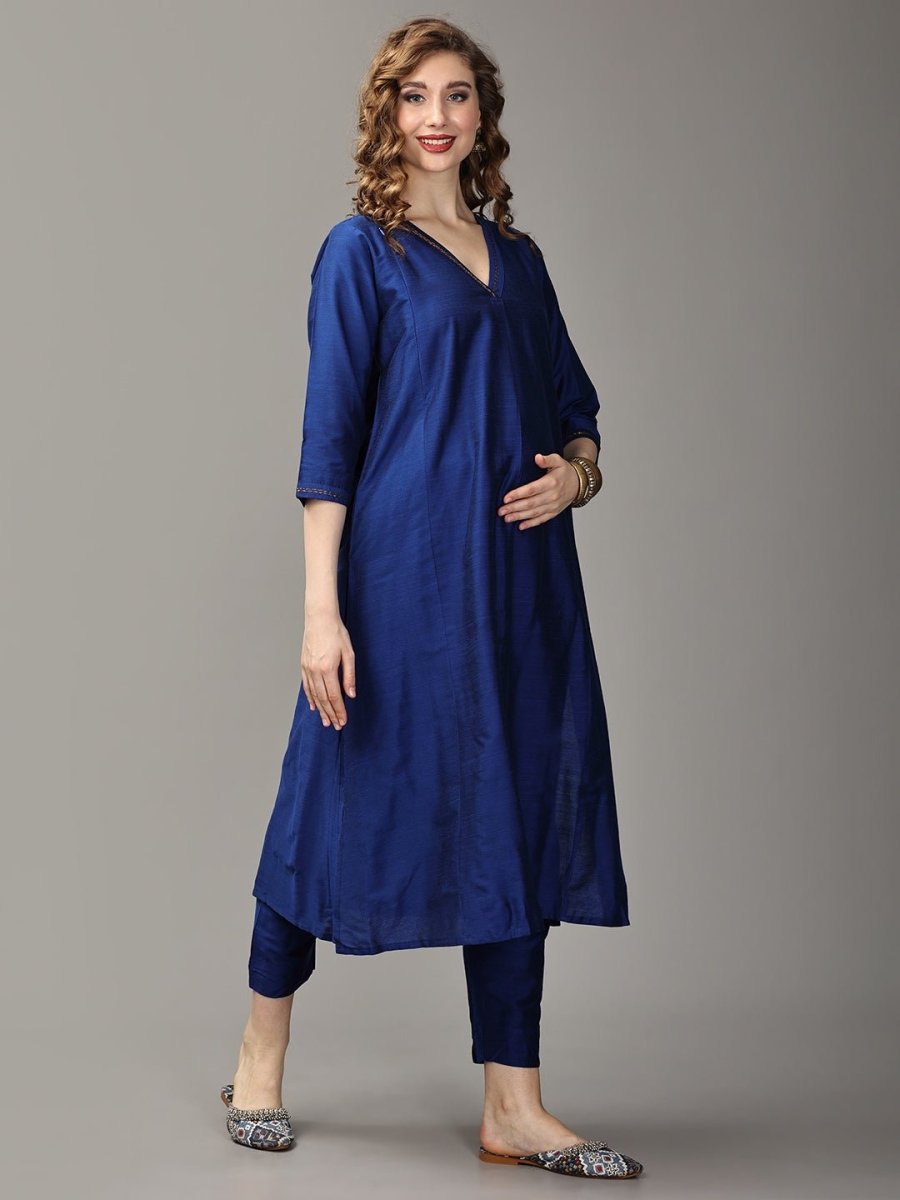  Royal Cosmic Embroidered Maternity and Nursing Silk Kurta Set Blue