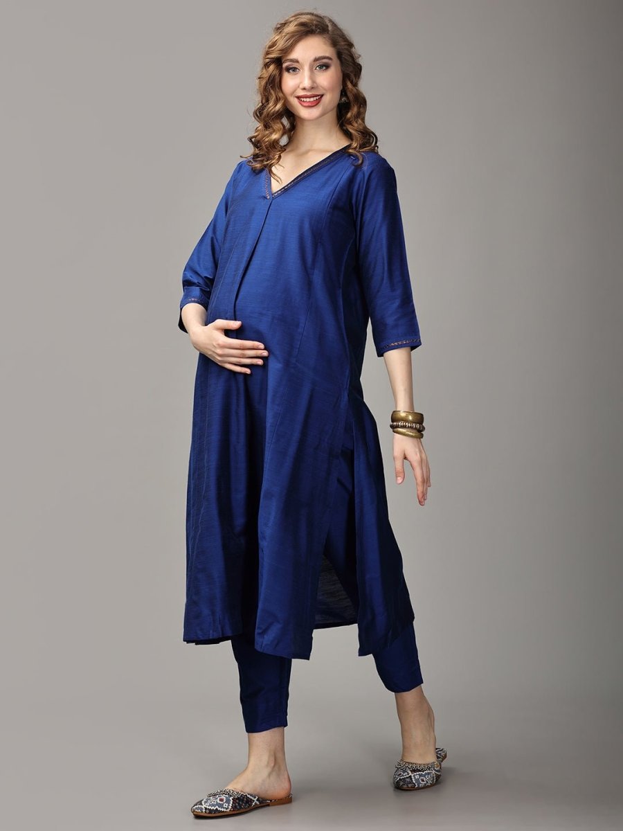  Royal Cosmic Embroidered Maternity and Nursing Silk Kurta Set Blue