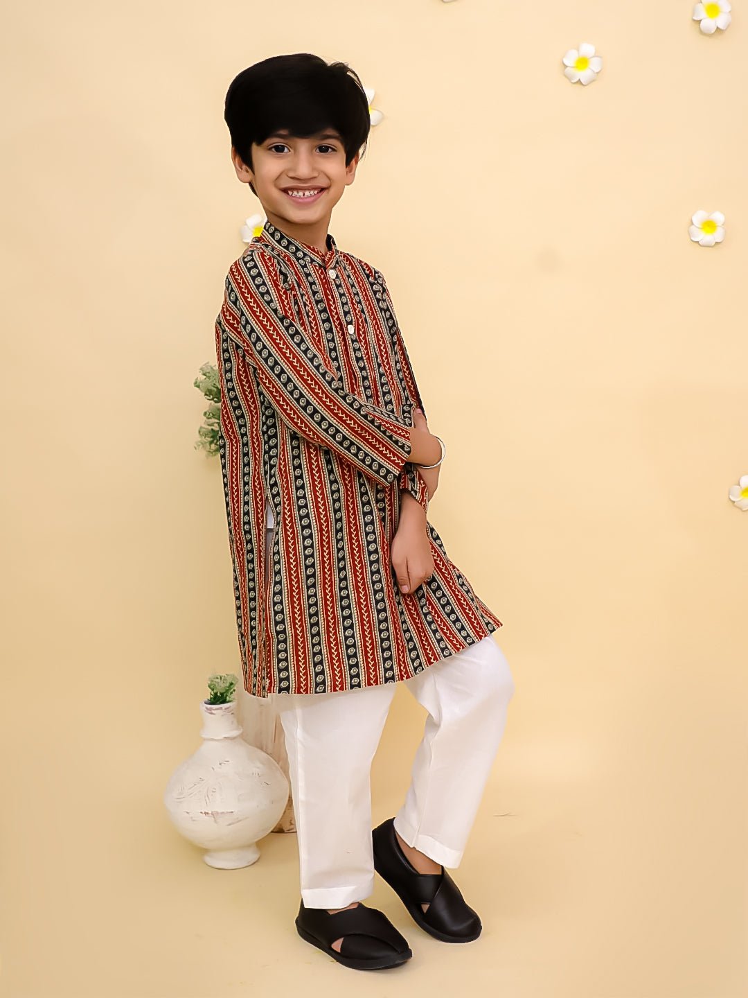 Rust Kalamkari Print Boys Kurta Set
