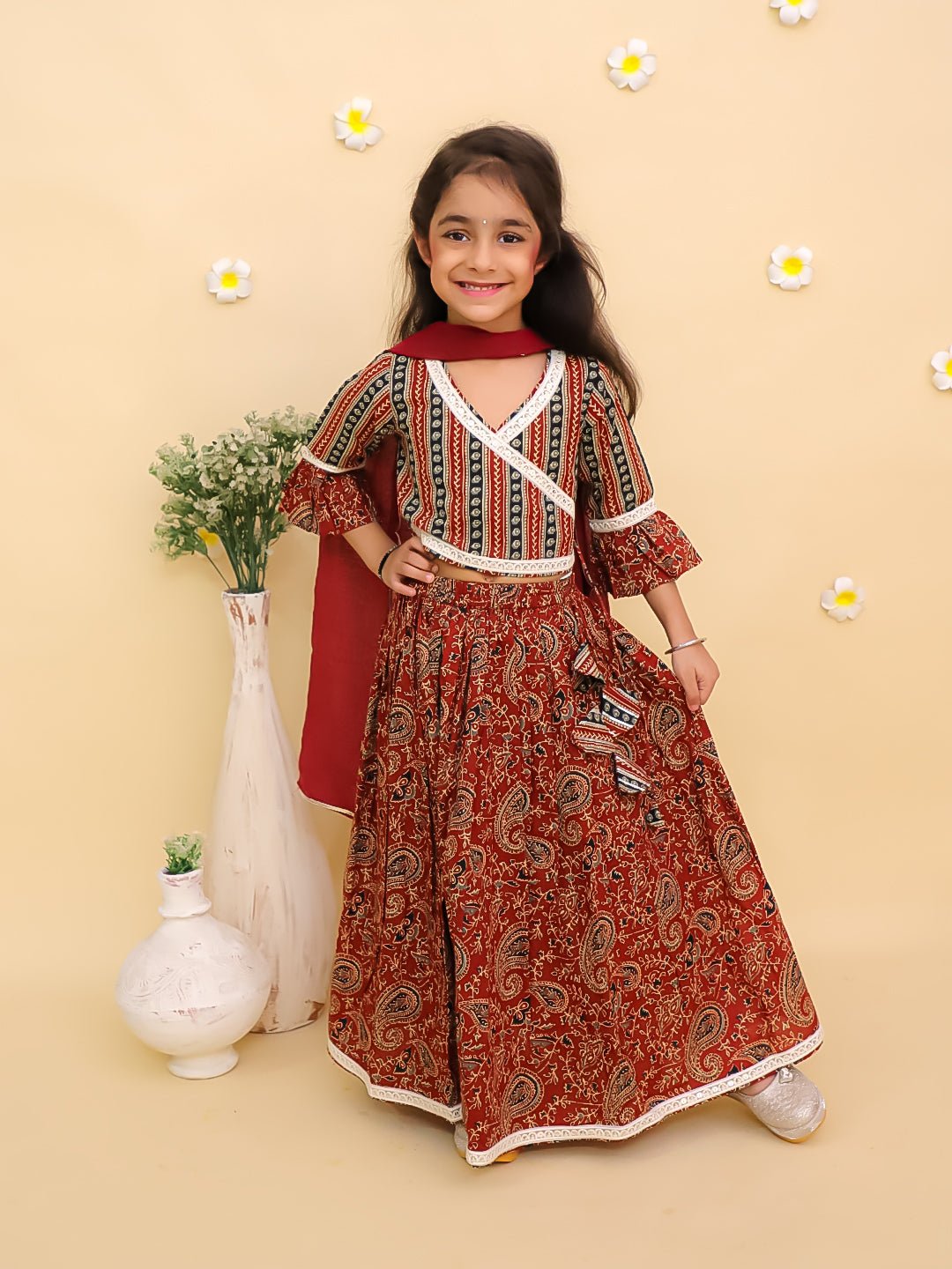 Rust Kalamkari Print Girls Lehenga Set with Dupatta