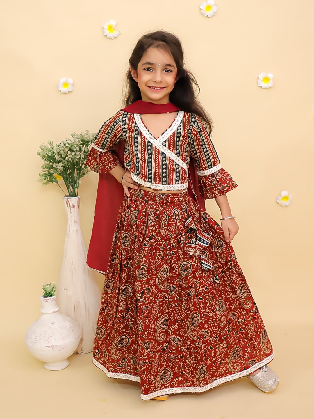 Rust Kalamkari Print Girls Lehenga Set with Dupatta