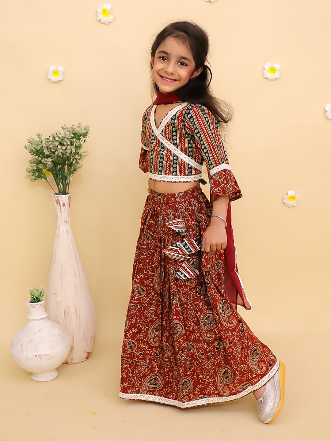 Rust Kalamkari Print Girls Lehenga Set with Dupatta
