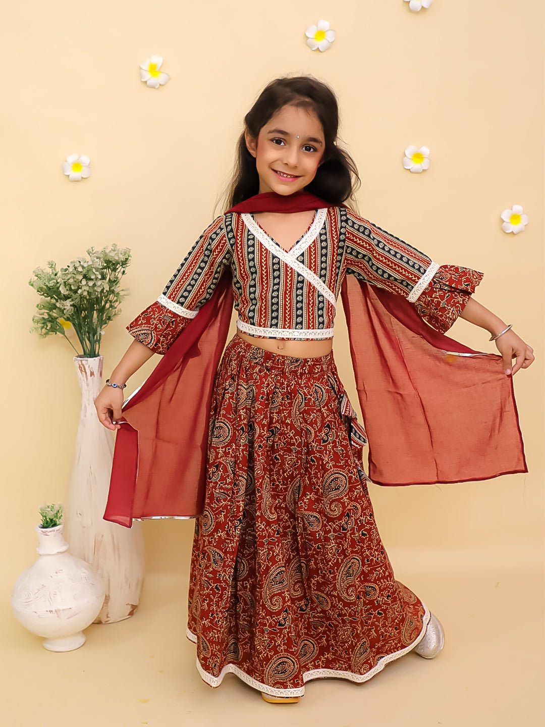 Rust Kalamkari Print Girls Lehenga Set with Dupatta