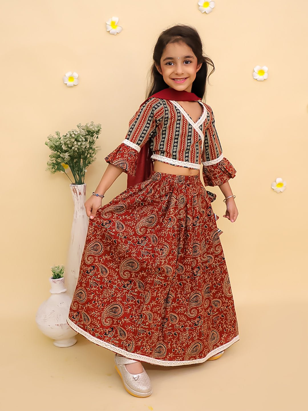 Rust Kalamkari Print Girls Lehenga Set with Dupatta