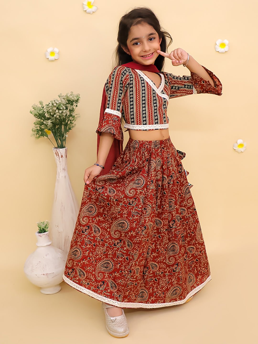 Rust Kalamkari Print Girls Lehenga Set with Dupatta