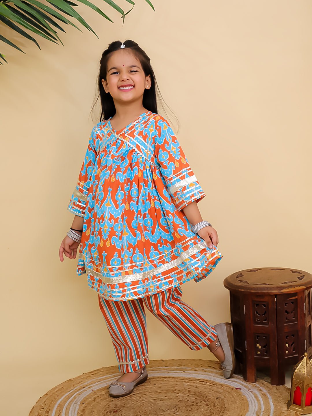 Rustic Roots Floral Print Girls Anarkali Kurta Set For Kids