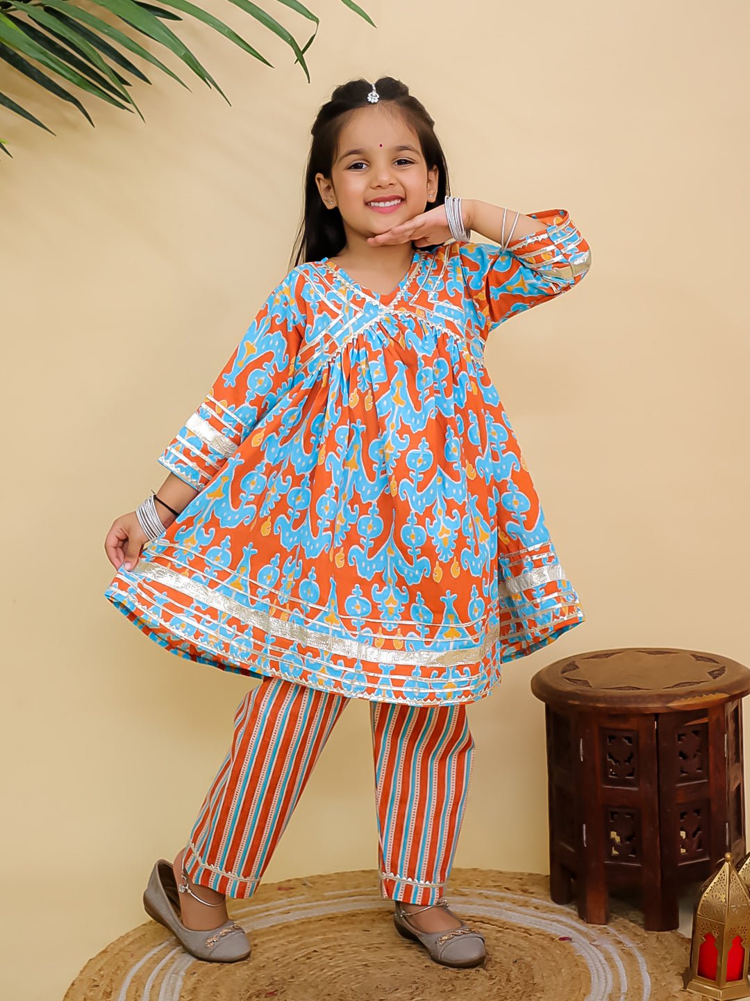 Rustic Roots Floral Print Girls Anarkali Kurta Set For Kids