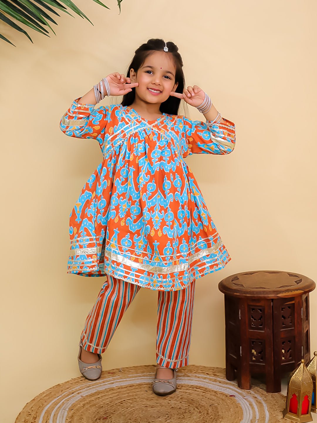 Rustic Roots Floral Print Girls Anarkali Kurta Set For Kids