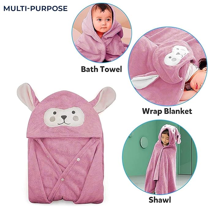Cartoon Hooded Pink Unisex Toddler Bath Towel With Animal Design