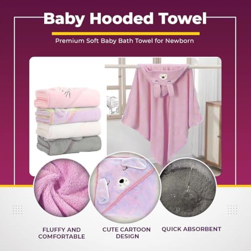 Cartoon Hooded Pink Unisex Toddler Bath Towel With Animal Design