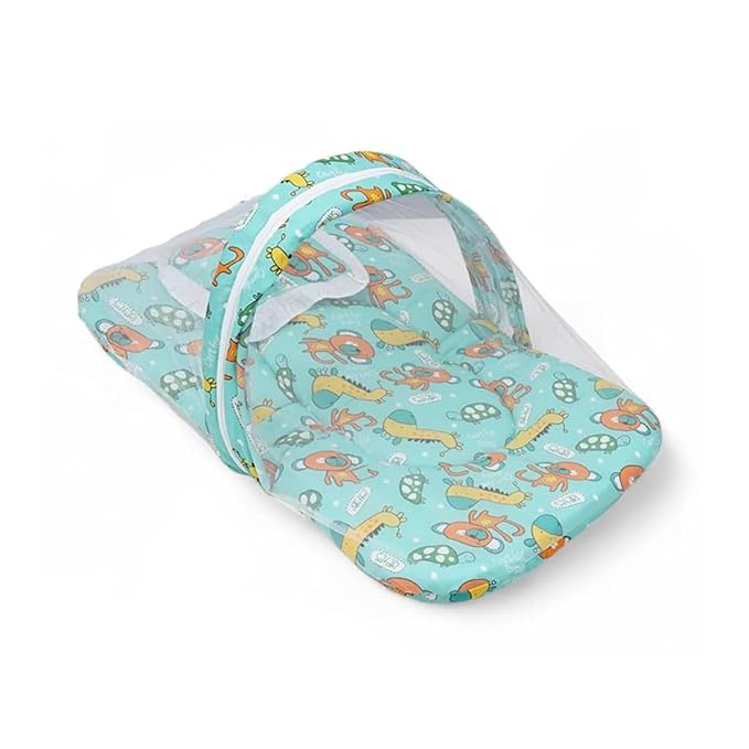Blue Cotton Baby Mattress Set With Pillow And Mosquito Net For Babies