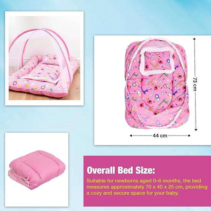 Pink Cotton Mattress With Pillow & Mosquito Net Set For Babies