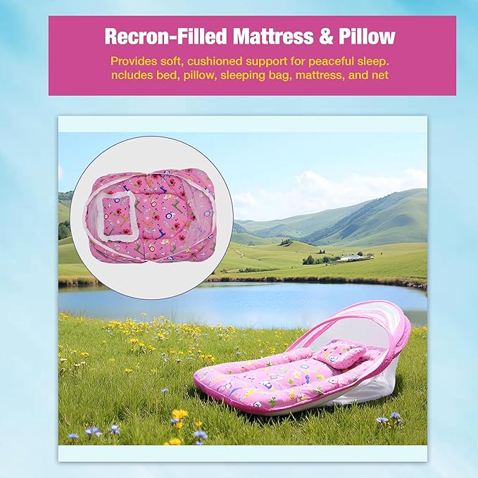Pink Cotton Mattress With Pillow & Mosquito Net Set For Babies