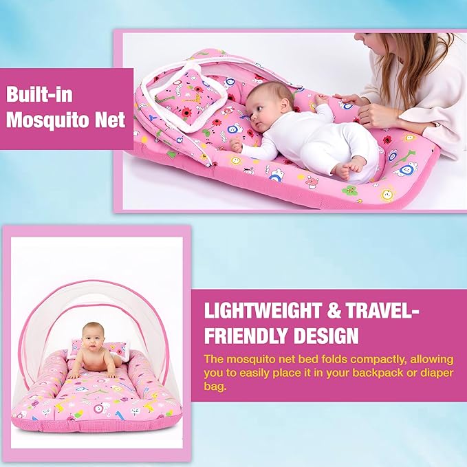 Pink Cotton Mattress With Pillow & Mosquito Net Set For Babies