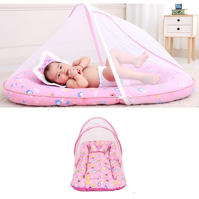 Pink 3 PC Kids Cotton Mattress with Pillow and Mosquito Net Set