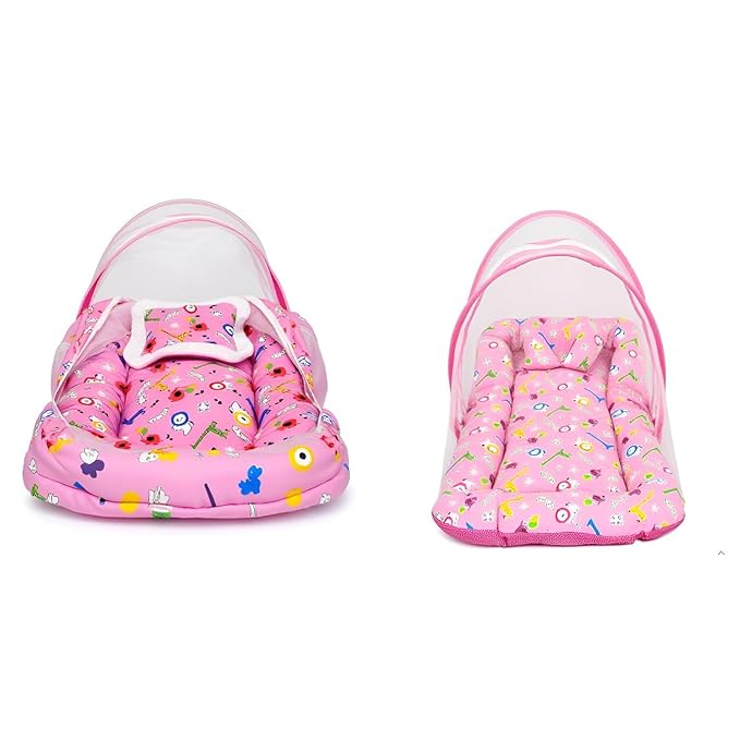 Pink Cotton Mattress With Pillow & Mosquito Net Set For Babies