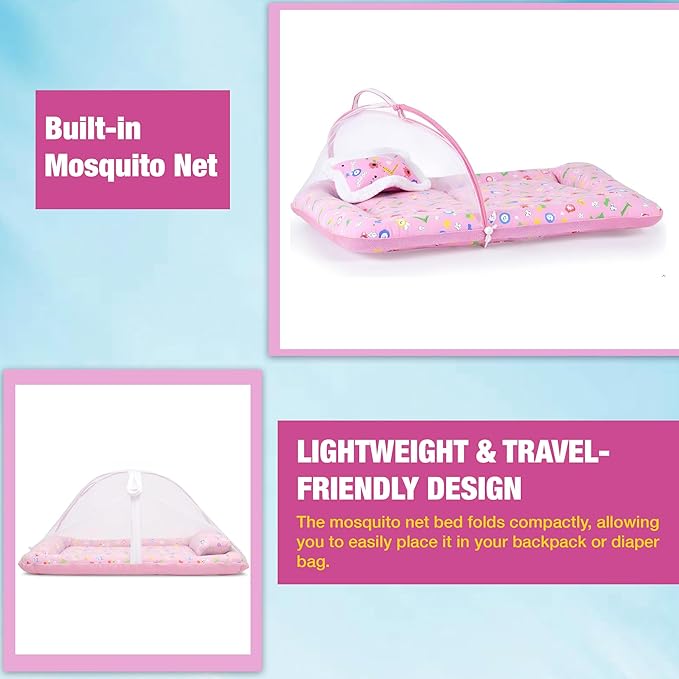 Pink 3 PC Kids Cotton Mattress with Pillow and Mosquito Net Set