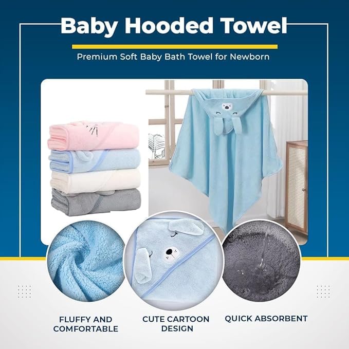 Cute Cartoon Face Hooded Cotton Bath Towel For Kids 0-6 Years Blue