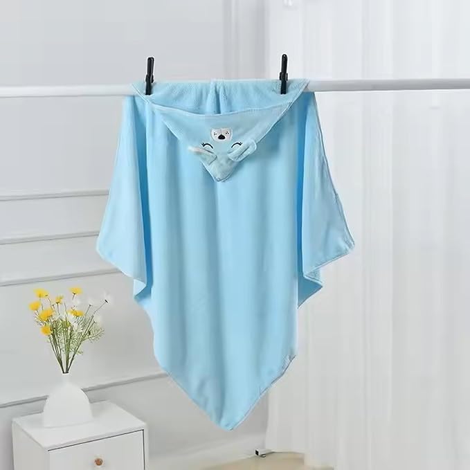 Cute Cartoon Face Hooded Cotton Bath Towel For Kids 0-6 Years Blue