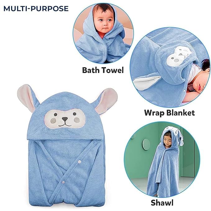 Cute Cartoon Face Hooded Cotton Bath Towel For Kids 0-6 Years Blue