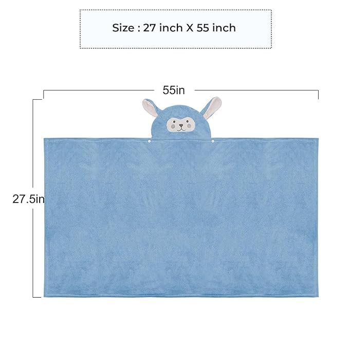 Cute Cartoon Face Hooded Cotton Bath Towel For Kids 0-6 Years Blue