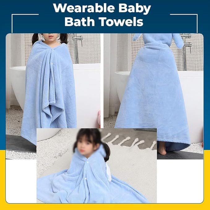 Cute Cartoon Face Hooded Cotton Bath Towel For Kids 0-6 Years Blue