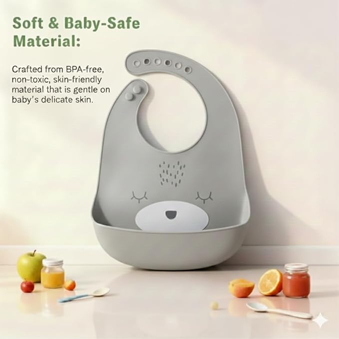 Safe-O-Kid Premium Silicone Adjustable Easy-to-Clean Grey Bib For Babies