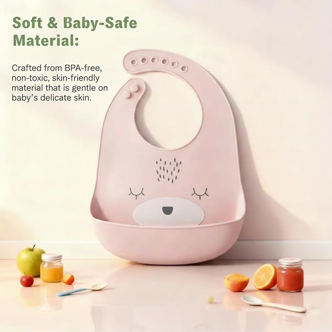 Safe-O-Kid Pink Food-Grade Silicone Adjustable Feeding Bib For Babies