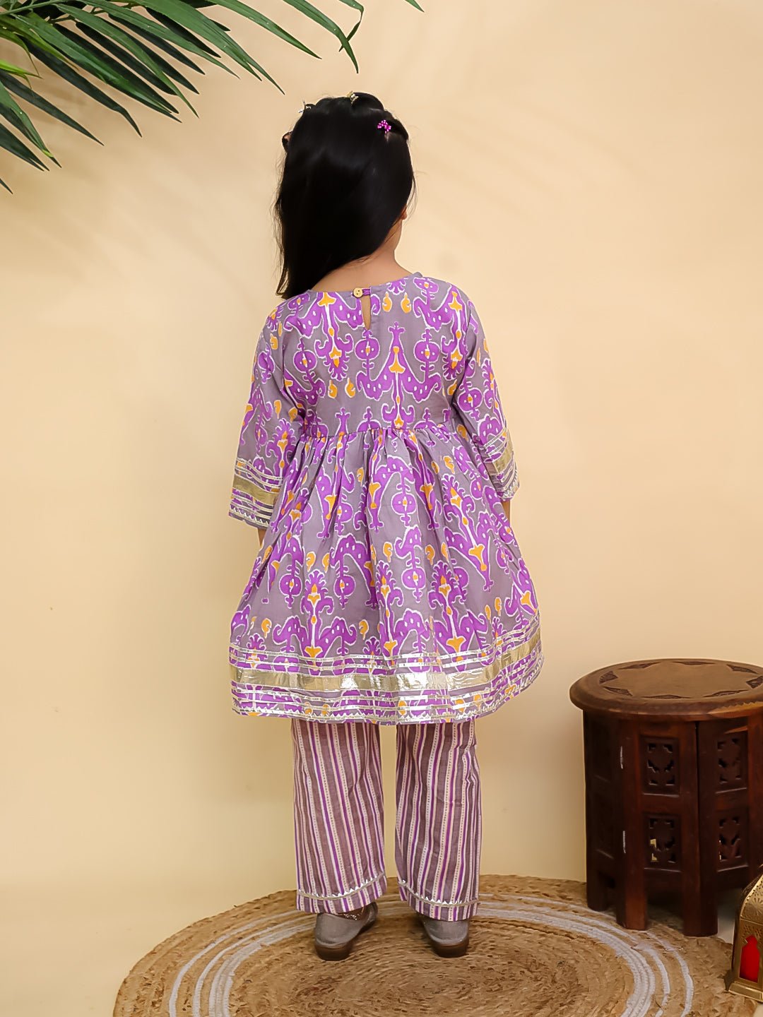 Sage Violet Floral Print Girls Anarkali Kurta Set