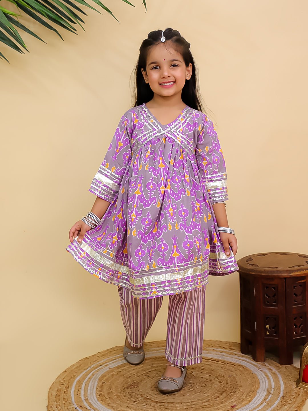 Sage Violet Floral Print Girls Anarkali Kurta Set