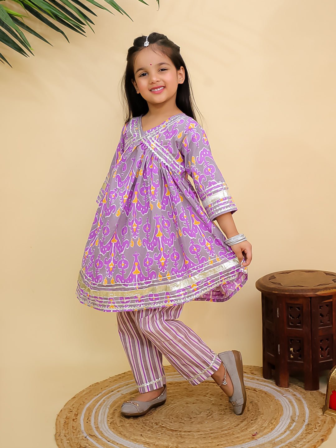 Sage Violet Floral Print Girls Anarkali Kurta Set