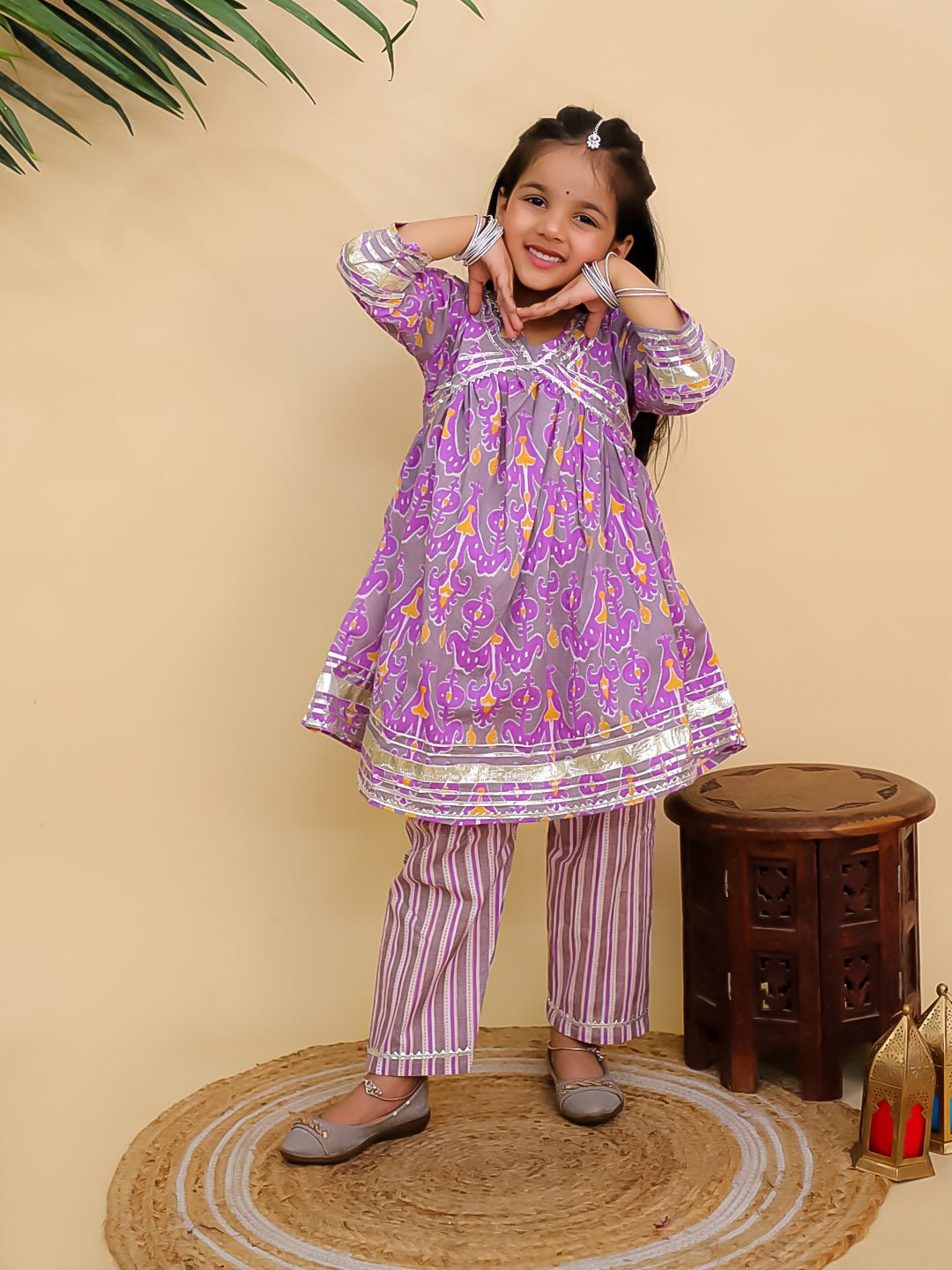 Sage Violet Floral Print Girls Anarkali Kurta Set