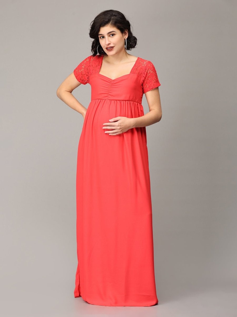  Scarlet Red Lace Maternity Photoshoot Gown Red