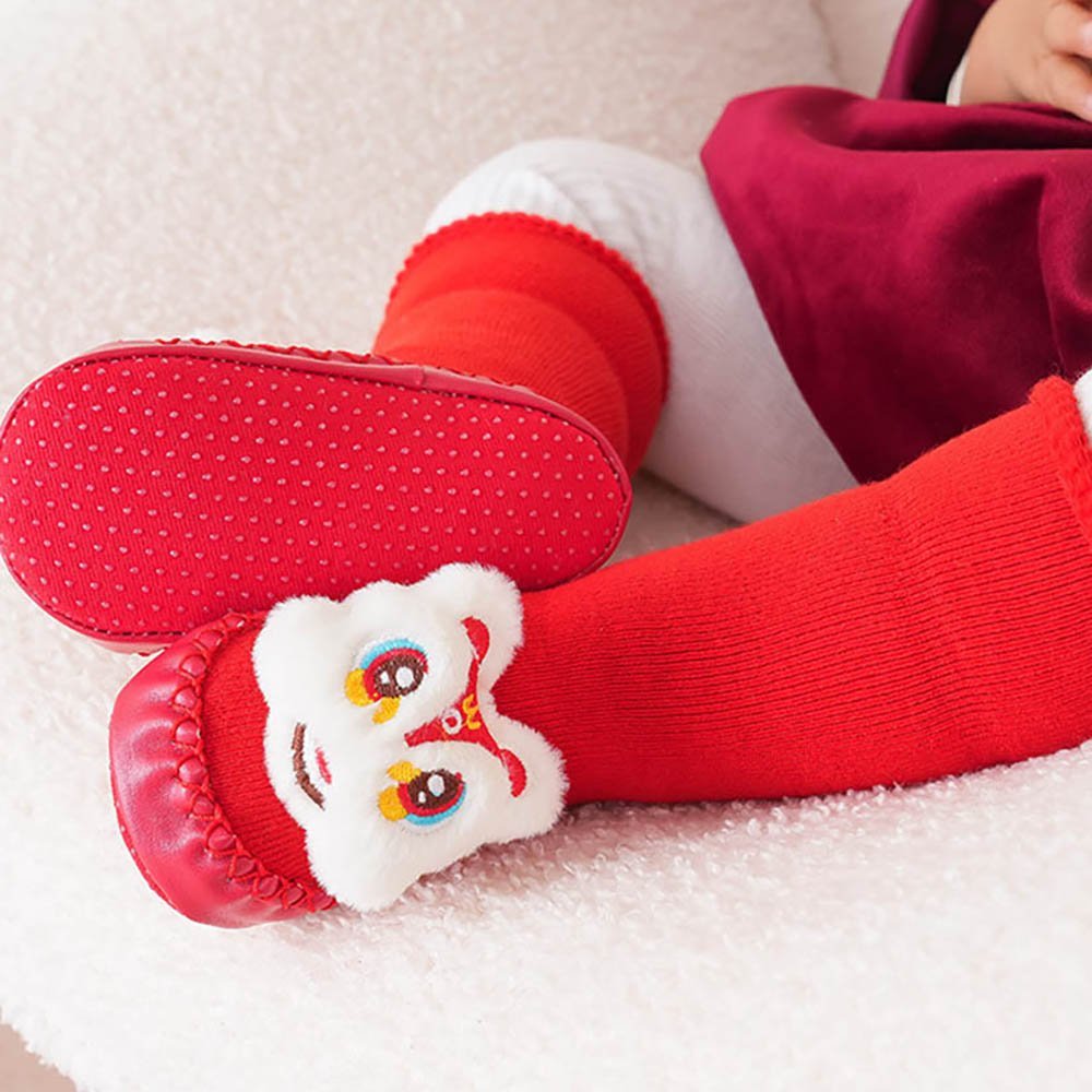 Little Surprise Box Shiny Red Ruffled Lucky Dragon Christmas Booties For Kids