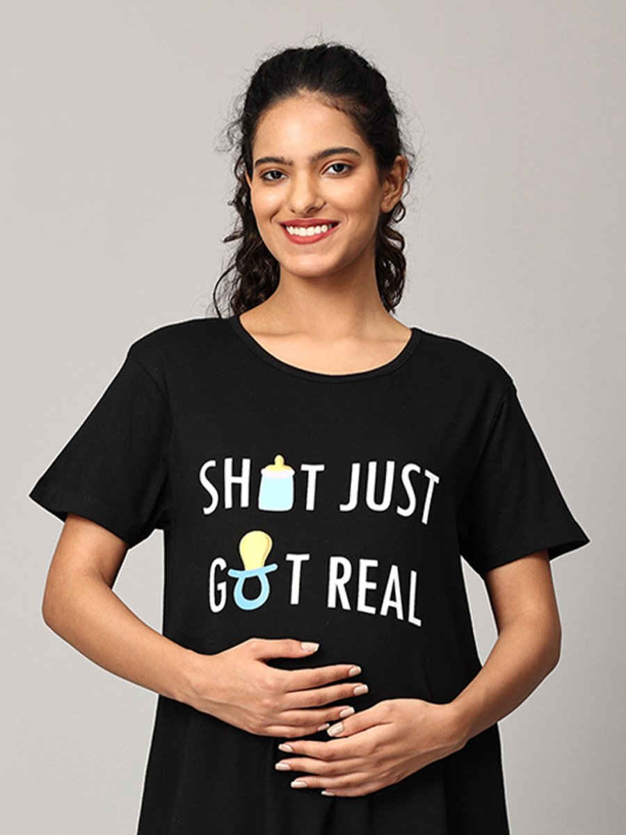  Shit Just Got Real Maternity T shirt Dress Black