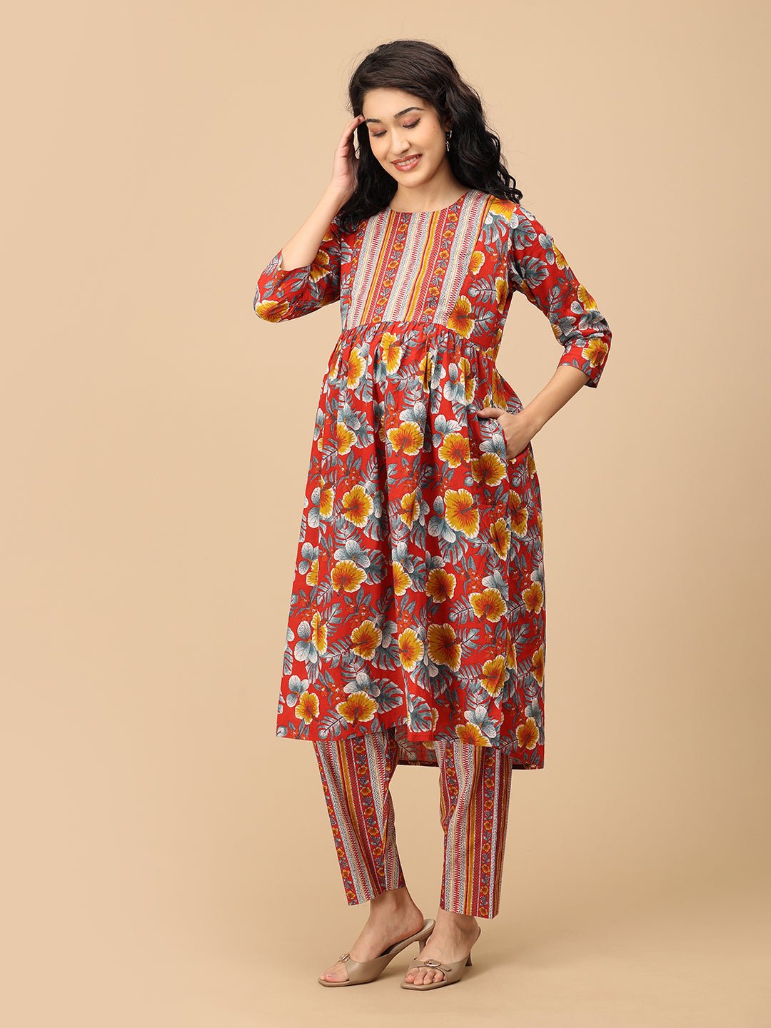  Sindoor Tara Maternity and Nursing Kurta Set Red