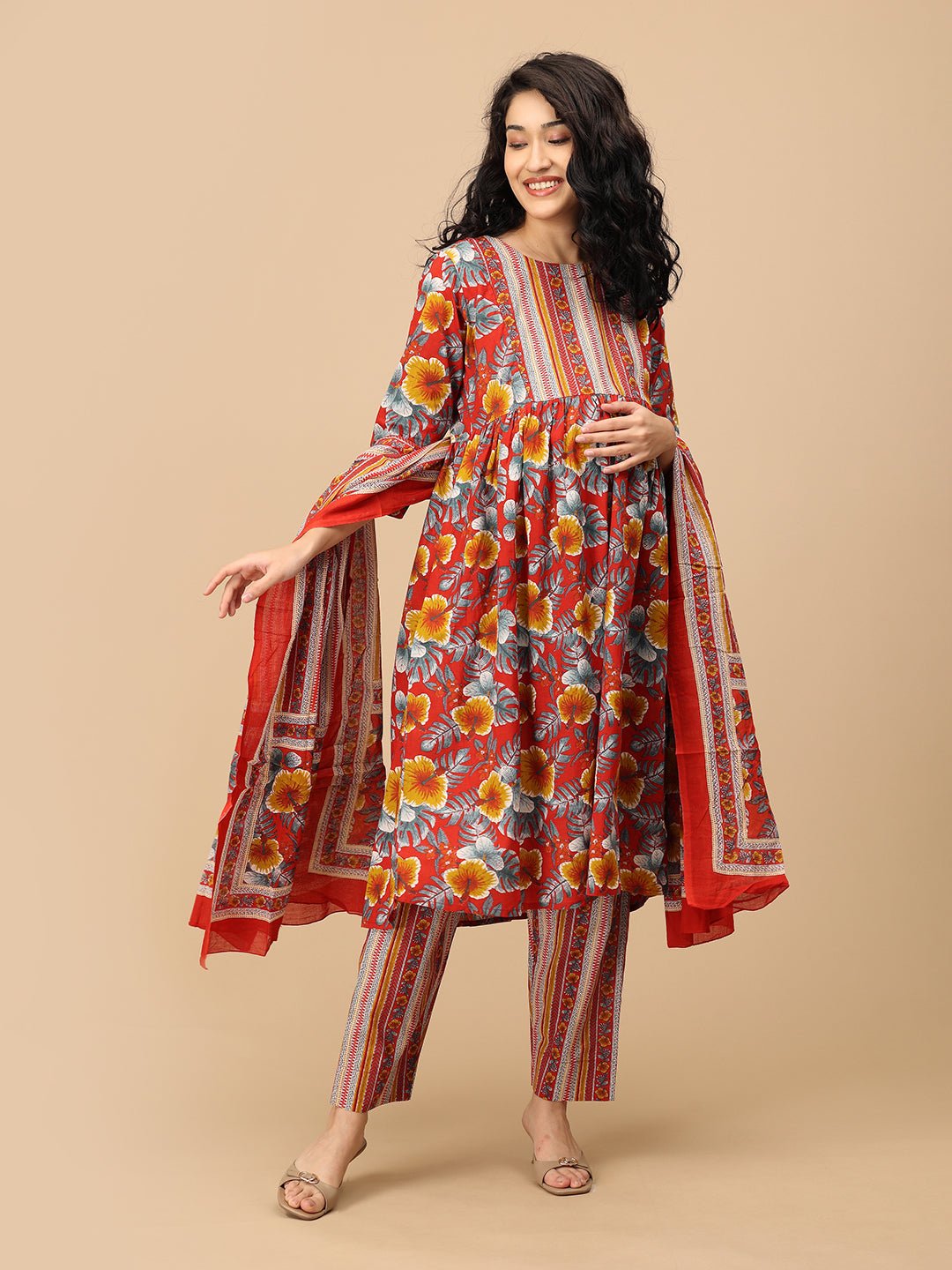  Sindoor Tara Maternity and Nursing Kurta Set Red