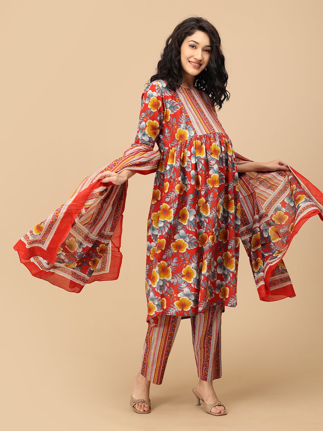  Sindoor Tara Maternity and Nursing Kurta Set Red
