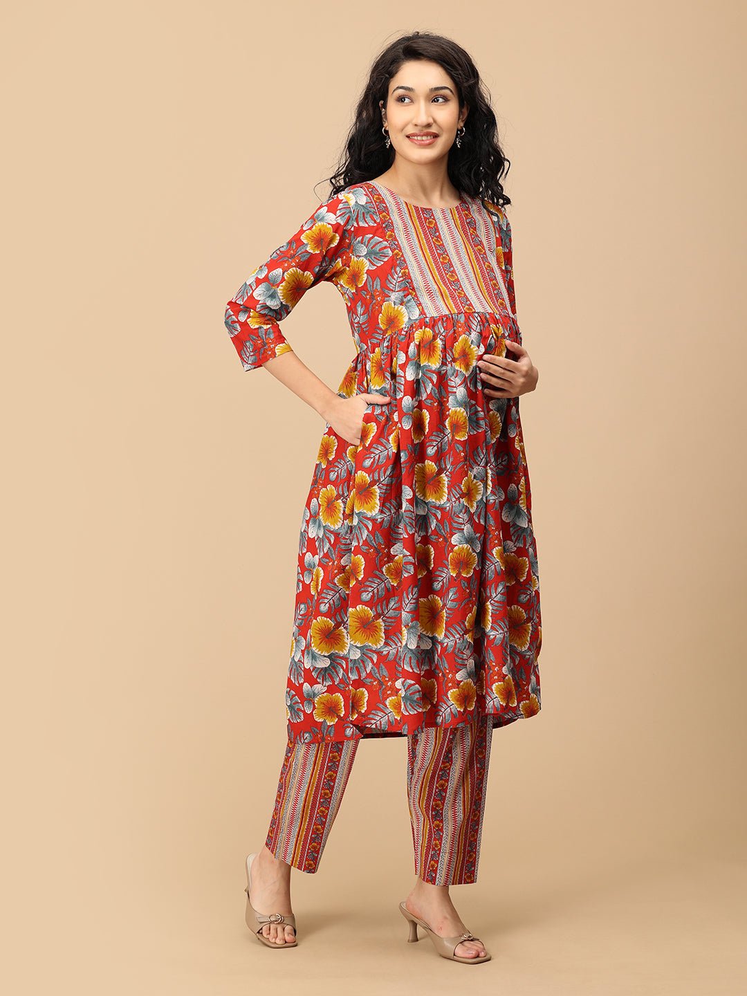  Sindoor Tara Maternity and Nursing Kurta Set Red