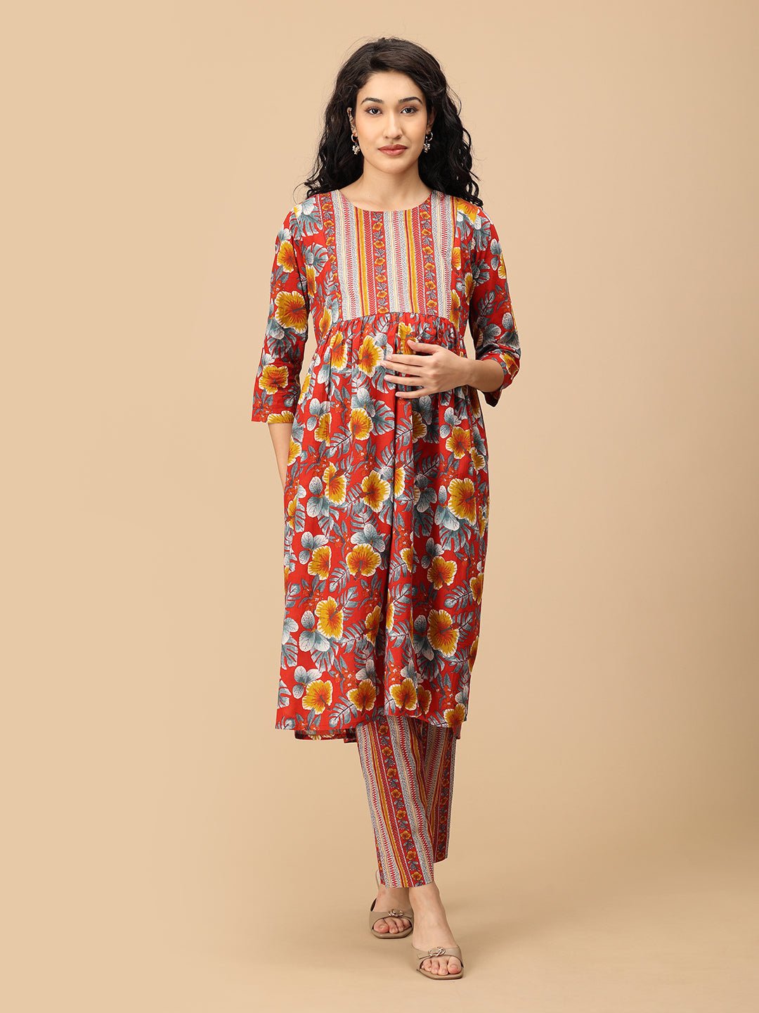  Sindoor Tara Maternity and Nursing Kurta Set Red